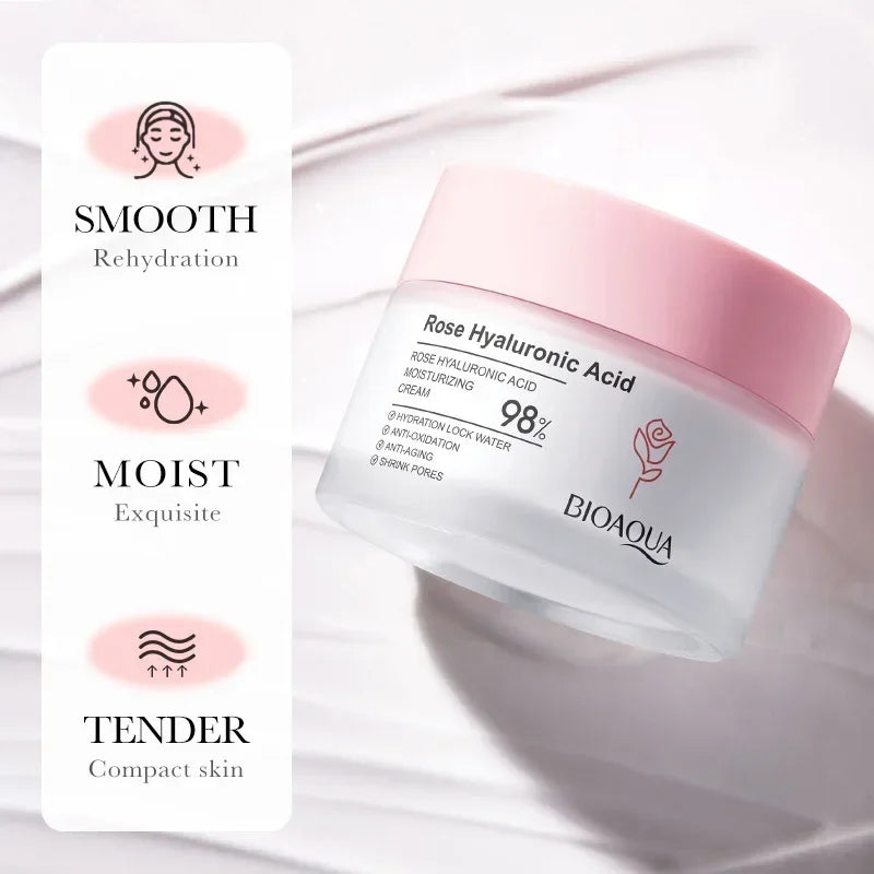 BIOAOUA Hyaluronic Acid Rose Essence Cream Shrink Pores Anti-oxidation Lock Water Hydrating Moisturizing Face Cream Skin Care