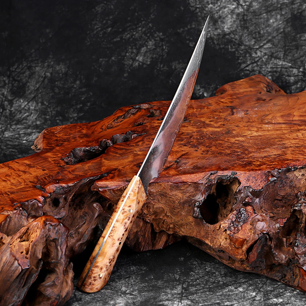 Damascus Steel Handmade Curved Edge Japanese Utility Knife,Full Tang Pakkawood Handle,High Hardness Sharp Kitchen Peeling Knife