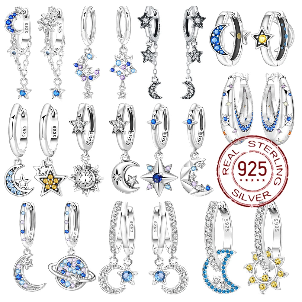 Y2K 925 Sterling Silver Asymmetric Design Star Moon Drop Earrings