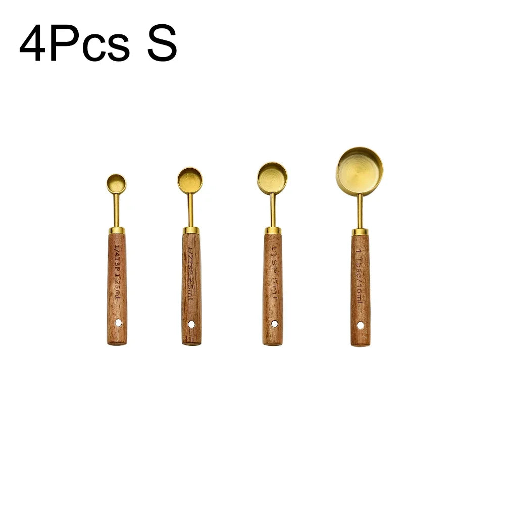 1/4Pcs Stainless Steel Measuring Cups and Spoons Set with Wooden Handles Multifunctional Baking Tool for Cooking and Baking