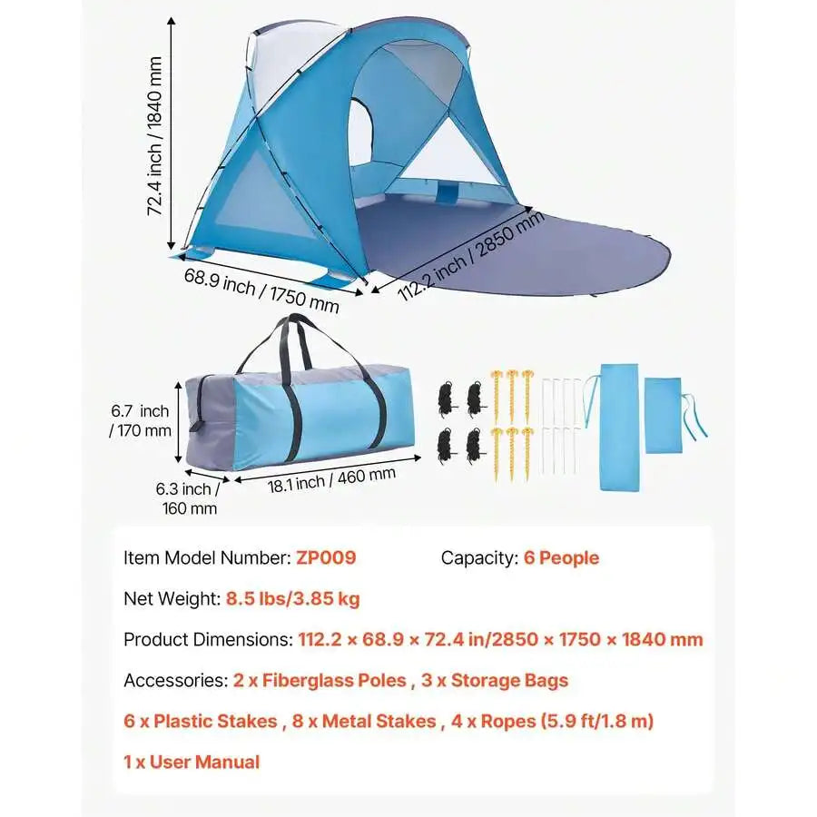Beach Tent Sun Shelter For 6 Person