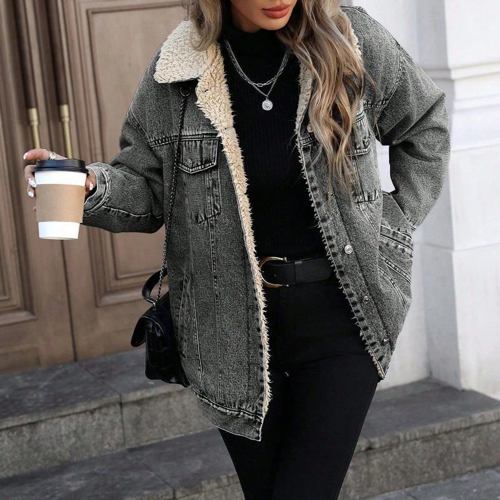 Moto Biker Jeans for Women Quilted Denim Coat Solid Fleece Jacket Turn Down Collar Single Breasted Straight 2025 Autumn Winter