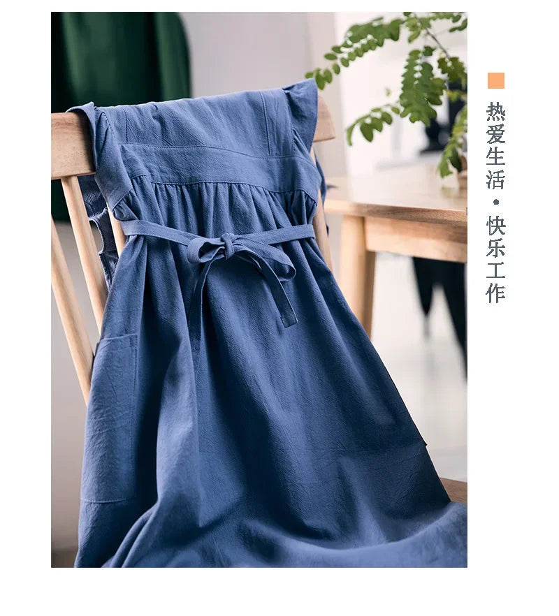 Japanese Korean Flouncing Kitchen Coffee Shop Working Falbala Apron kawaii Home Cotton Linen Pinafore with Lotus Leaf Lace