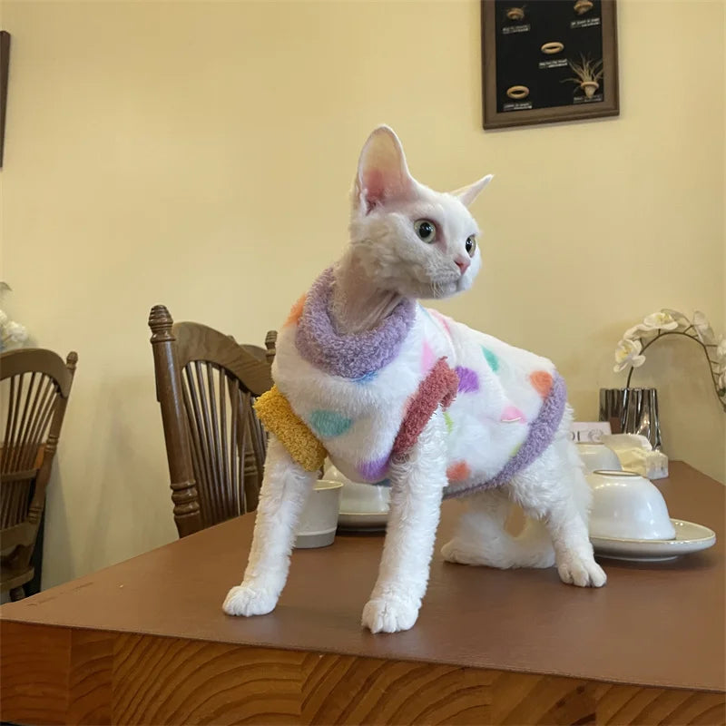 Thick Vest With Polka Dot for Devon Rex in Winter Warm Cmfortable Fleece Sweatshirt for Sphinx Cat Sweet Party Costumes for Pet