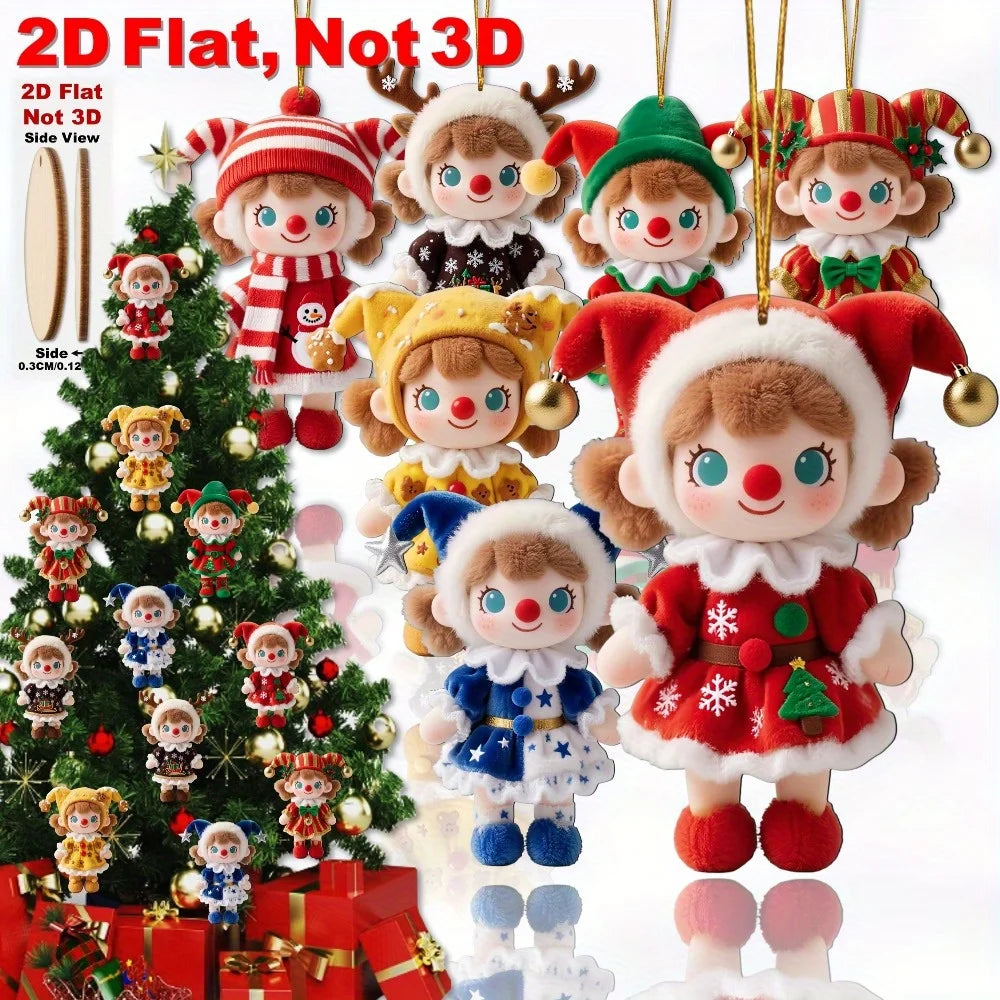 12pcs Colorful Christmas Plush Doll Decorations -2D Printed Wooden Pendants Courtyard and Christmas Birthday Party Decorations