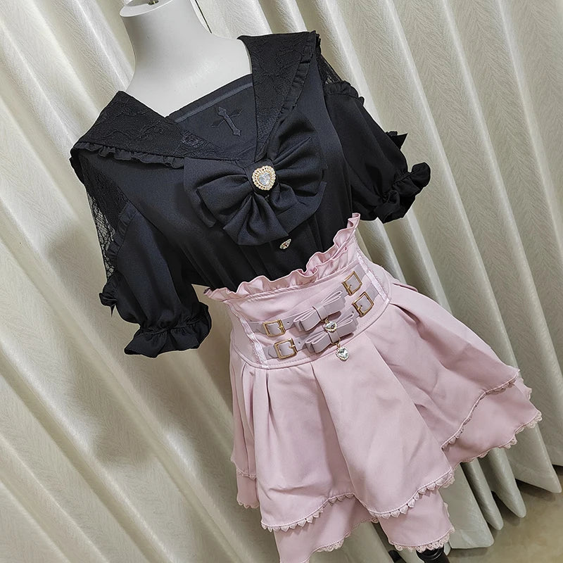 Kawaii Women Shirts Jirai Kei Lolita Y2K Cute Japanese Style Blouse Elegant Short Sleeve Sweet Tops Casual Aesthetic Shirt 2025