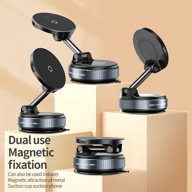 Super Strong Magnetic Car Wireless Charger Phone Holder 360° Rotation Vacuum Suction Cup For iPhone 12-17 Series Fast Charging