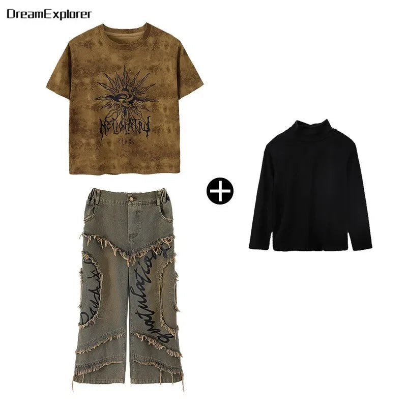 Boys Wasteland Punk Street Dance Sweatshirt Jeans Pants Girls Hip Hop Clothes Sets Kids Jazz Stage Costumes Children Streetwear