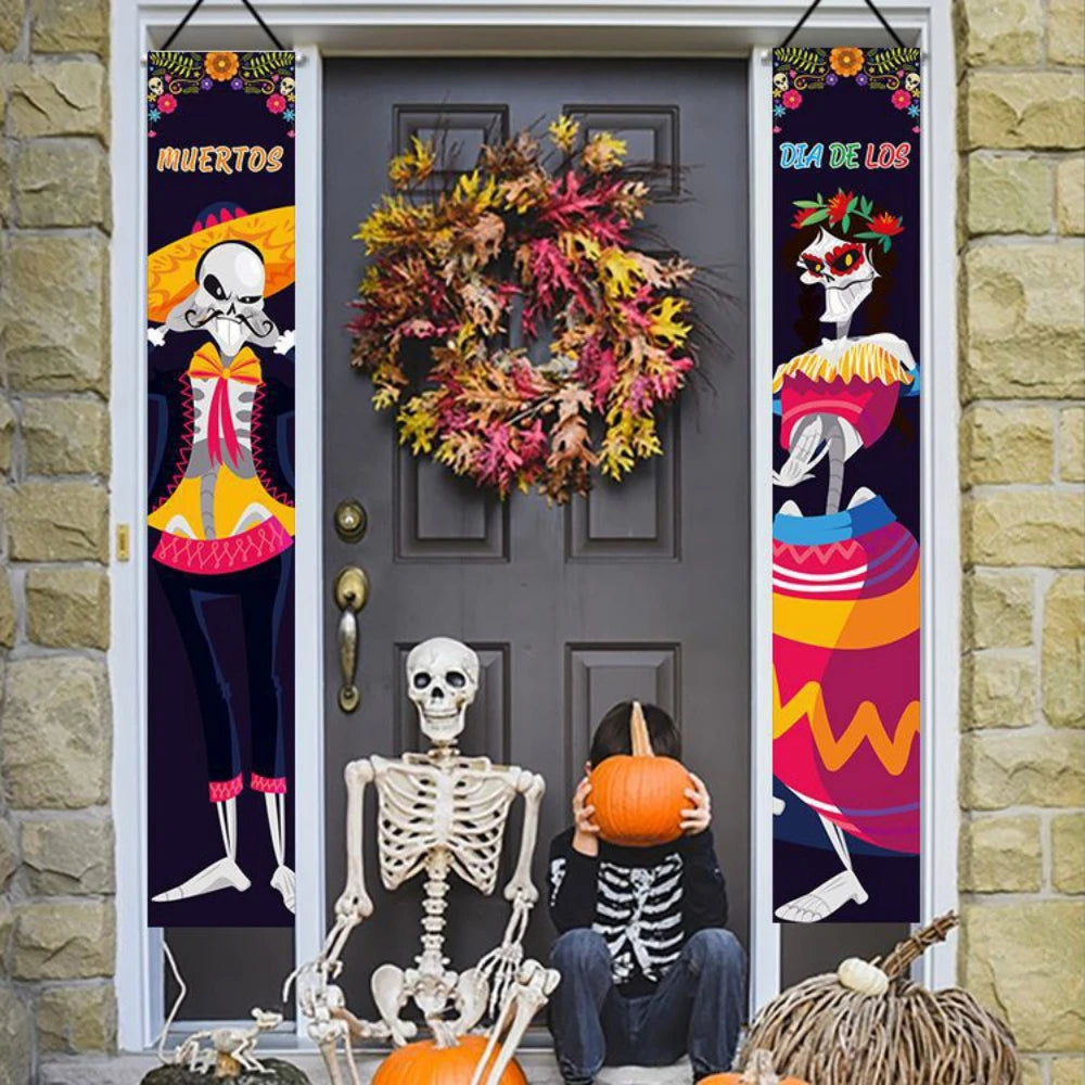Halloween Decorative Props Mexican Day of the Dead flag Hanging Outdoors Hanging Porch Sign Halloween Welcome Signs Home Decor