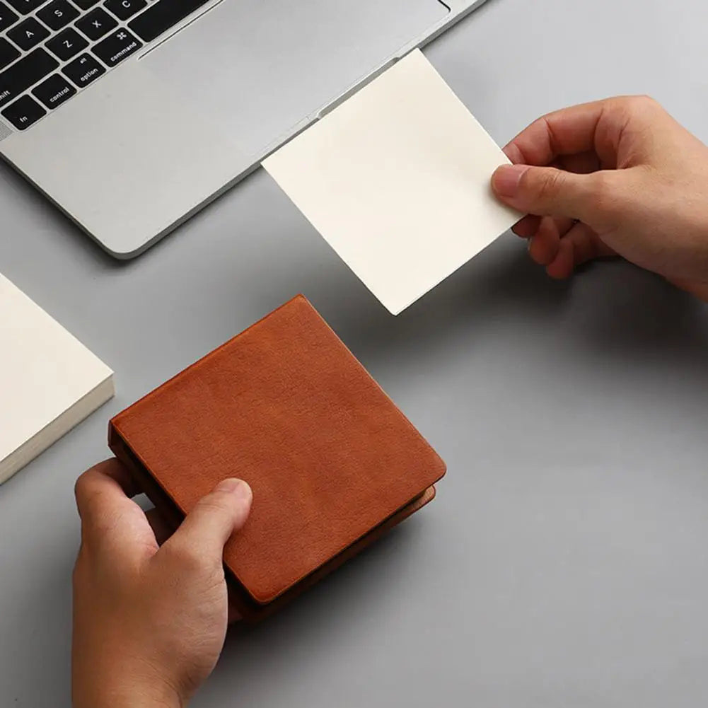 Desk Organizer with Note Paper Note Box with Grooves Imitation Leather Sticky Notes Holder with Lid Cover Name Cards Organizer