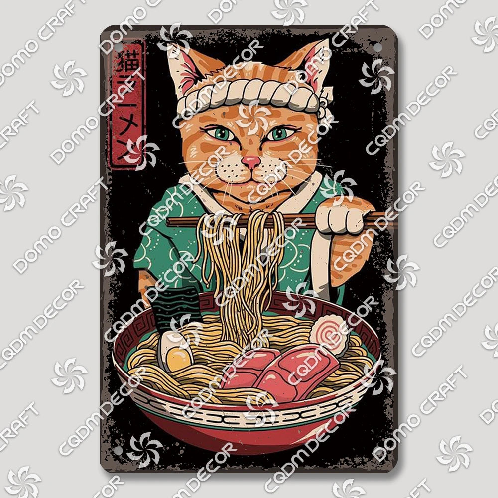 Cartoon Cat Japanese Food Plaque Tin Sign Retro Ramen Sushi Takoyaki Poster Metal Plates Bar Pub Restaurant Kitchen Wall Decor
