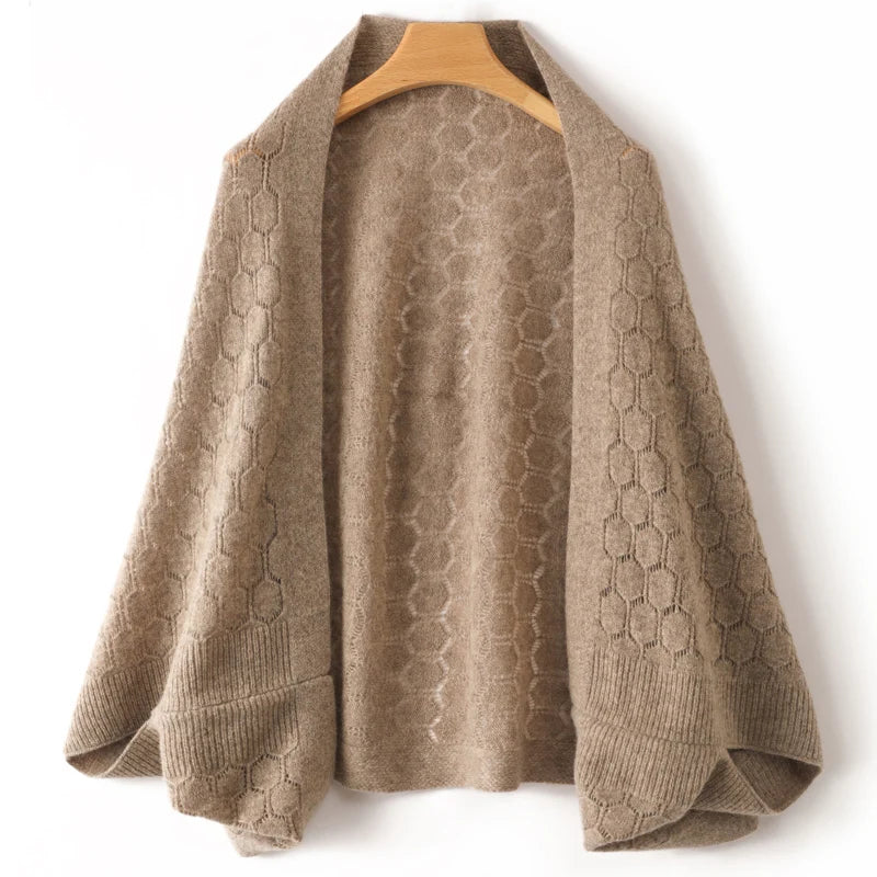 Popular Lace Edge 100% Wool Knitted Shawl Spring Autumn Thin Women's Soft, Skin friendly, Breathable, and Fashionable Cardigan