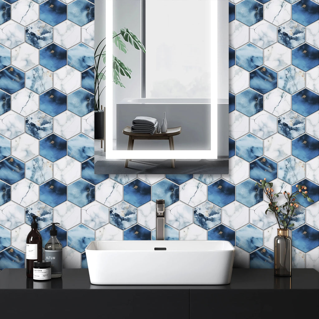 5 Styles Flat Hexagon Marble Embossing Tile Wall Stickers Oil-Proof Kitchen & Bathroom Washbasin Glossy Surface Decorative Mural