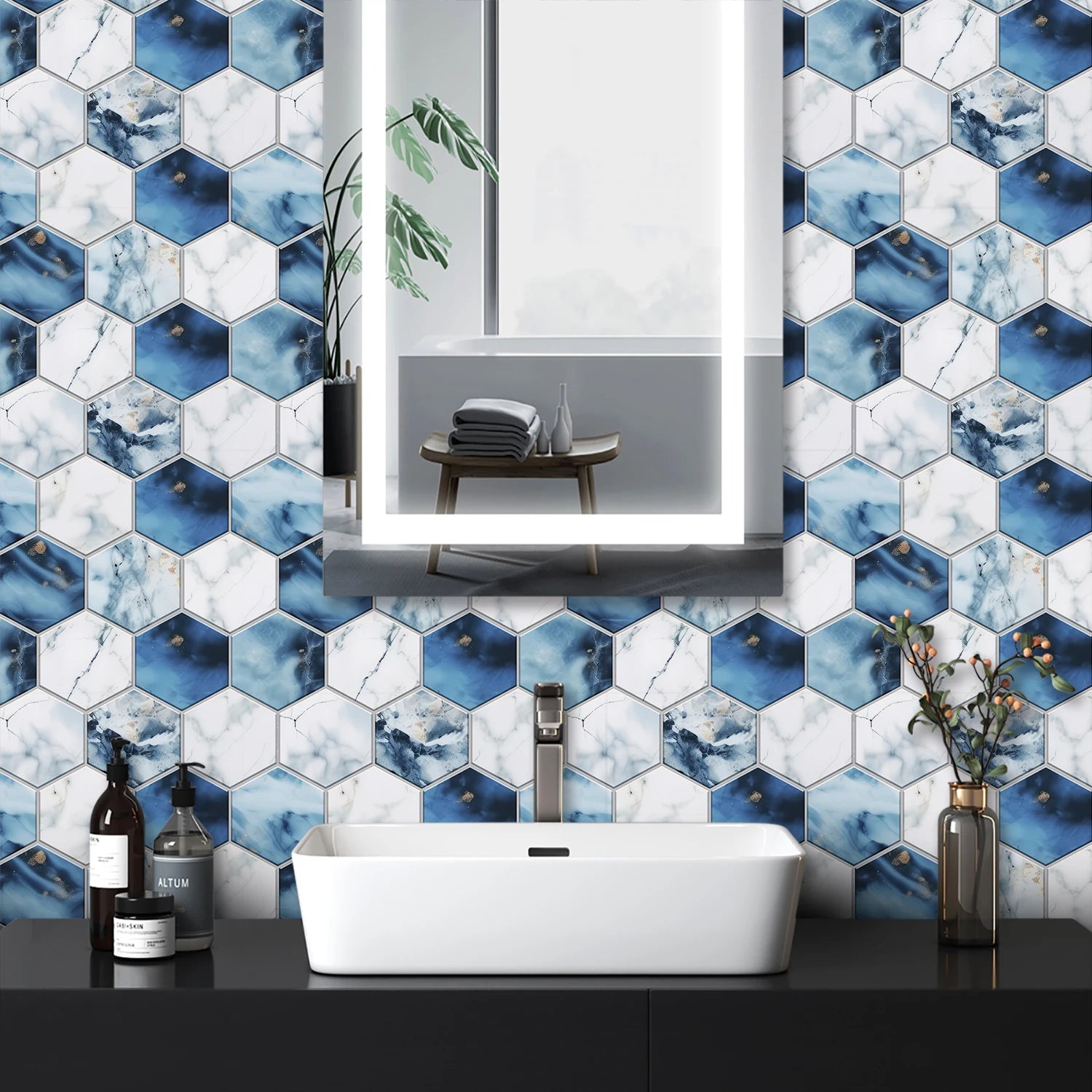 5 Styles Flat Hexagon Marble Embossing Tile Wall Stickers Oil-Proof Kitchen & Bathroom Washbasin Glossy Surface Decorative Mural