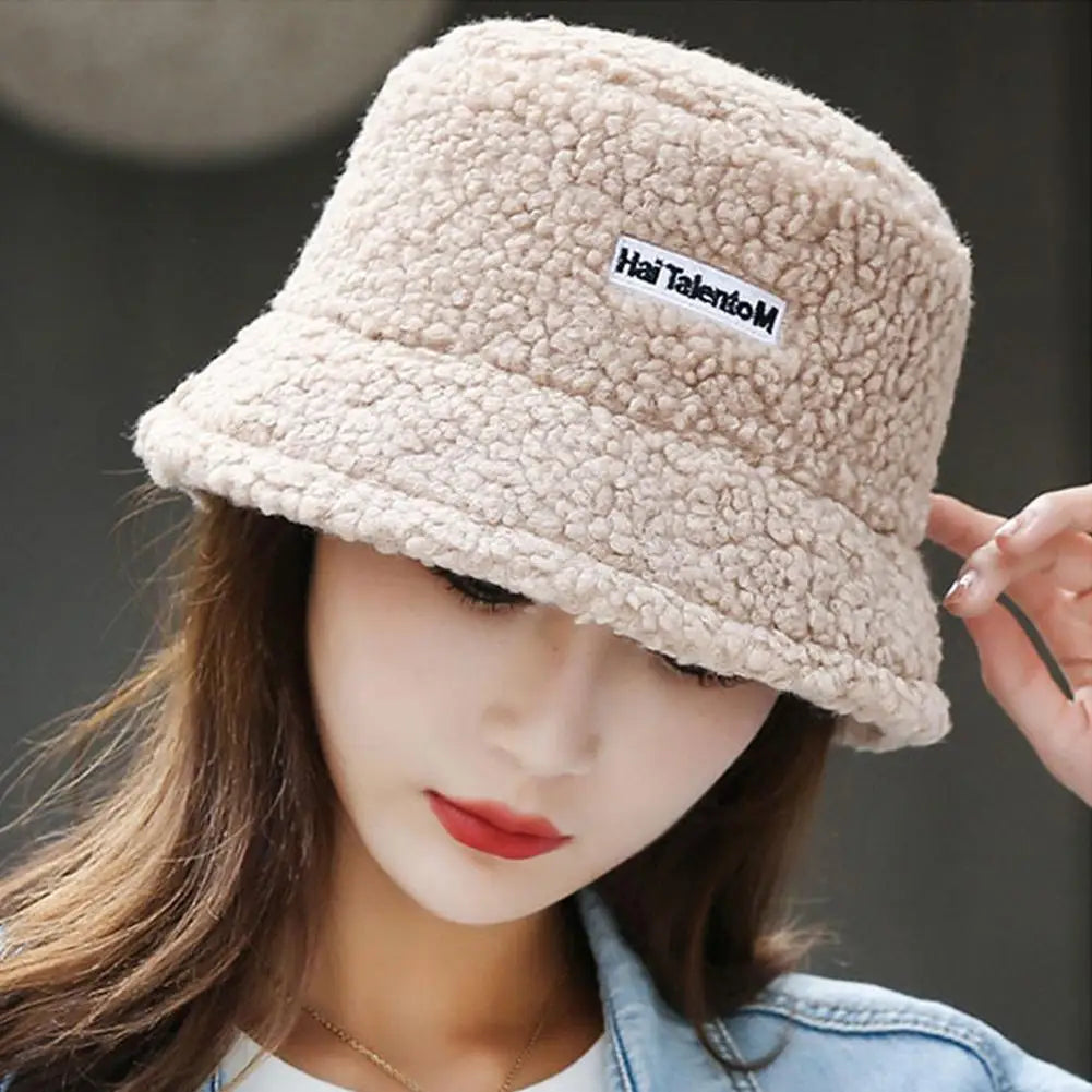 Korean Fisherman Hat Pure Color Warm Embroidered Letter Beanie Plush Light Weight Cap Unisex Casual Bucket Hat