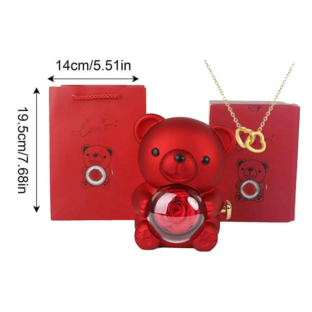Bear Necklace Case Romantic Bear and Rose Jewelry Box Hug Bear Decoration Necklace Box Rose and Rotating Bear Case with Double