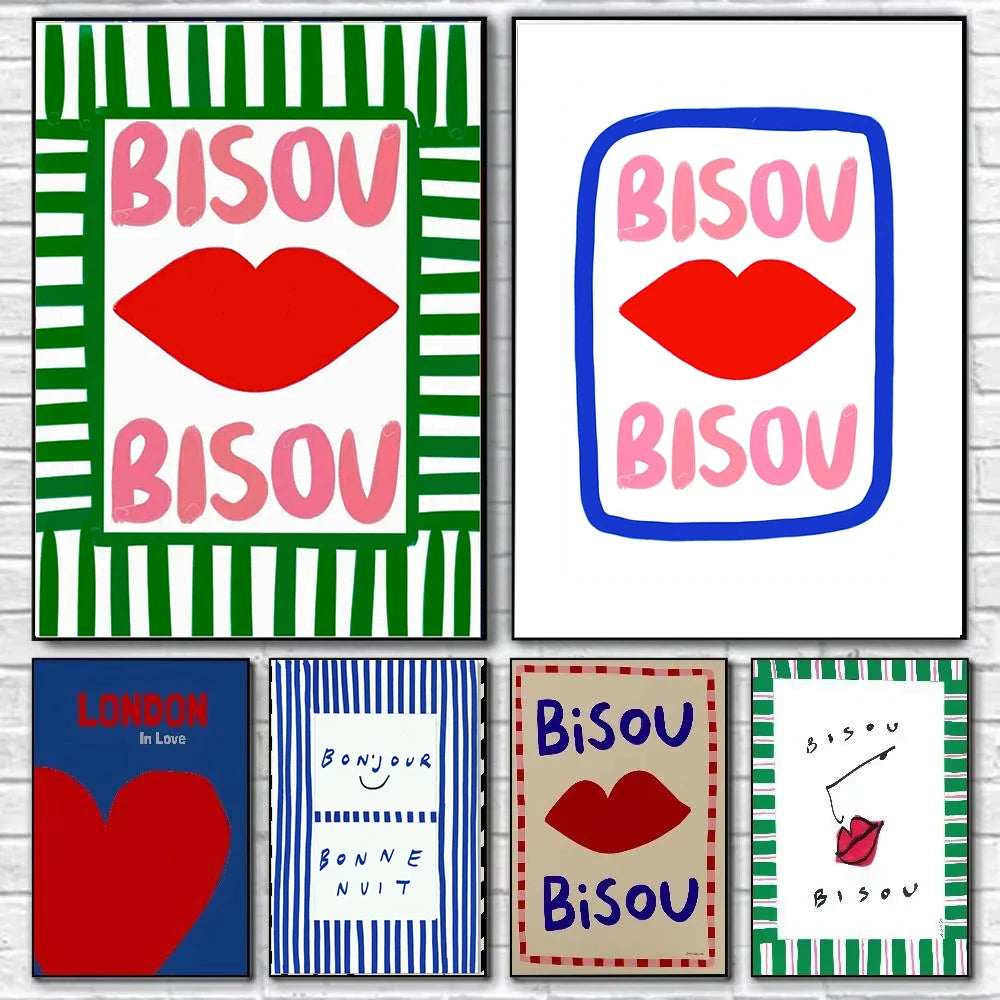 Bisou & More Amore Pink French Canvas Print Good Morning Good Night Kiss Wall Art Poster for Modern Living Room Home Decor Gifts