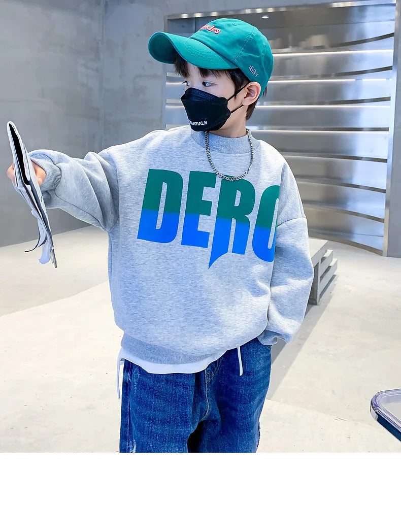 Winter Boys Warm Fleece Lined Half Turtleneck Alphabet Sweatshirt School Kids Track Pullover Coat Tops Child Work Jumper 3-16Yrs