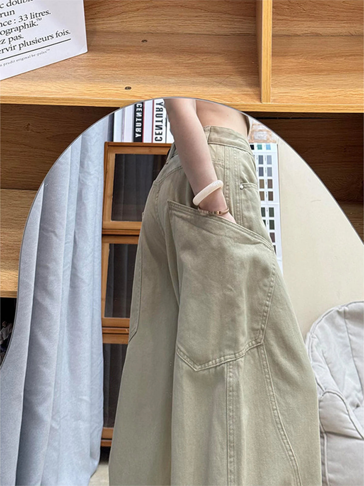 Women's Khaki Baggy Y2K Gyaru Jeans Retro Wide Leg Straight Denim