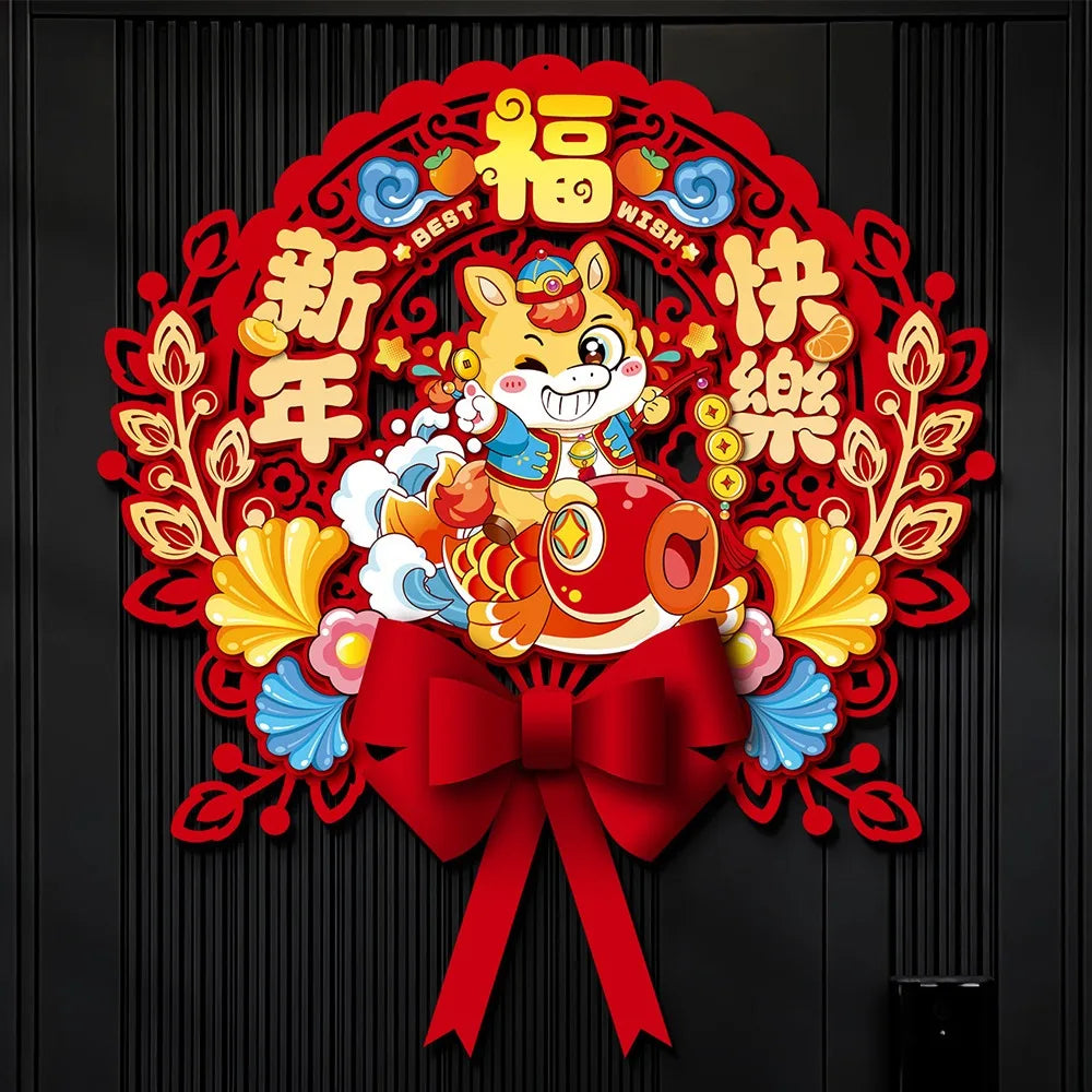 Chinese 2026 Horse Year Door Sticker Nonwovens Traditional Fu Character Sticker Blessing Cartoon New Year Wall Sticker