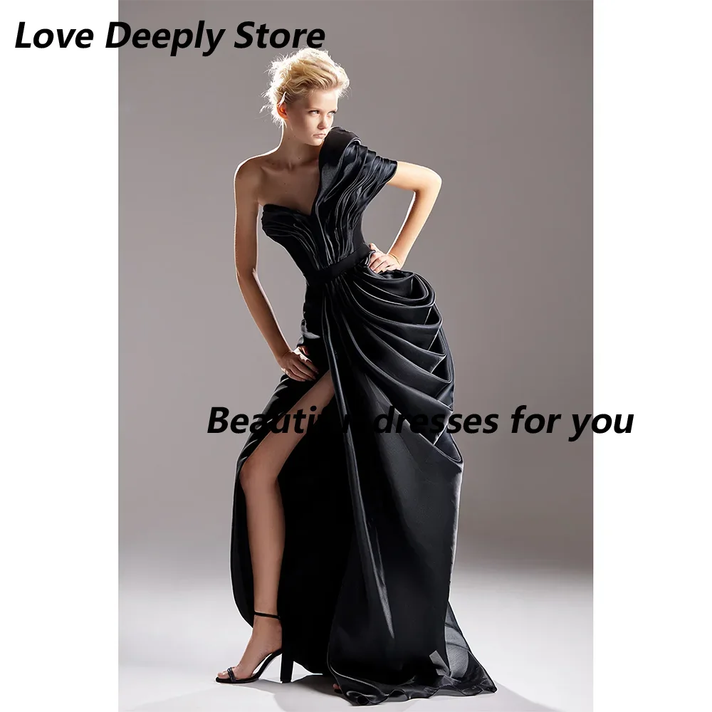 Black Evening Dress Sexy One Shoulder A Line Evening Gowns Pleated Thigh Slit Elegant Women's Formal Party Dresses Customized