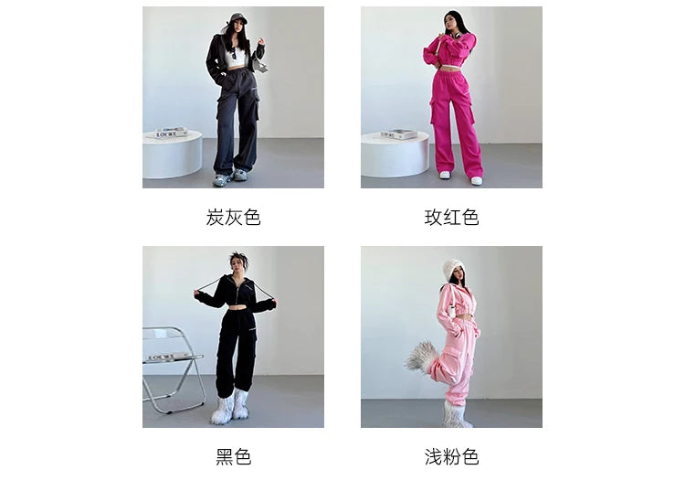 WOMENGAGA Short Zipper Sweatshirt Large Pocket Wide Leg Pants Two Piece Casual Plush Set For Winter Women Fashion Sweet 2PTB