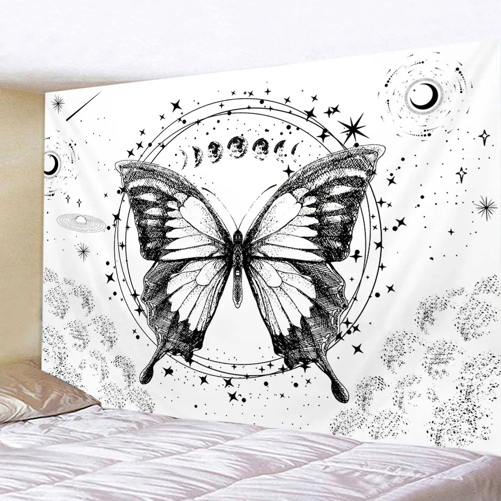 Butterflies and Moths Tapestry Black and White Flower Tapestry Wall Hanging Beach Blanket Romantic Bedroom Dorm Home Decor