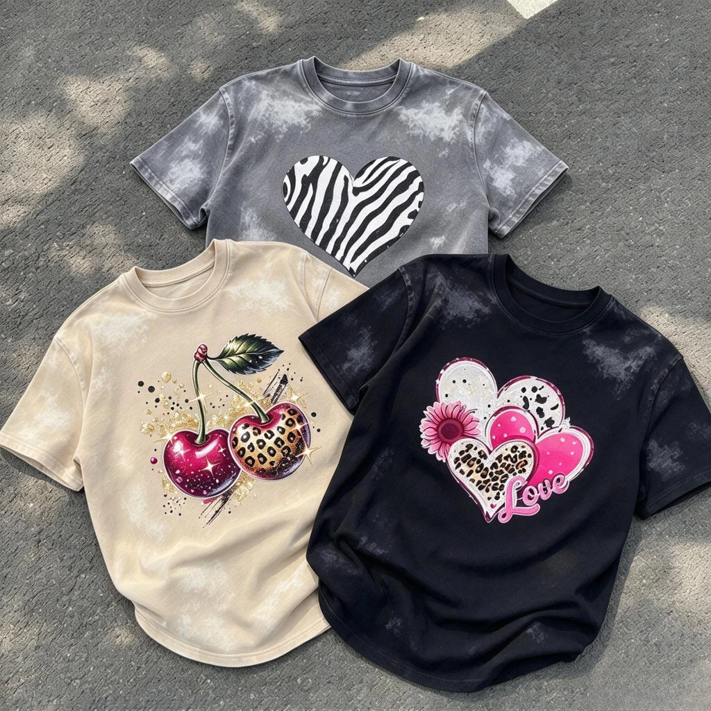 Retro Leopard Fruit Print T-Shirts, 3 Pack