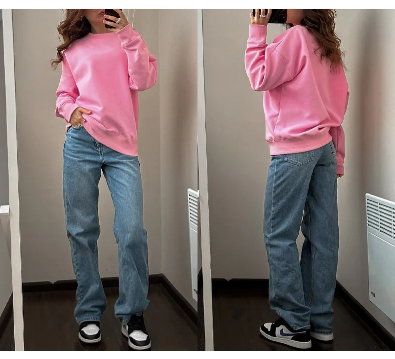 Streamgirl Cotton Basic Sweatshirt Women Oversized Yellow Pullovers Loose Casual Tops Spring Colorful Sweatshirts Women Pink