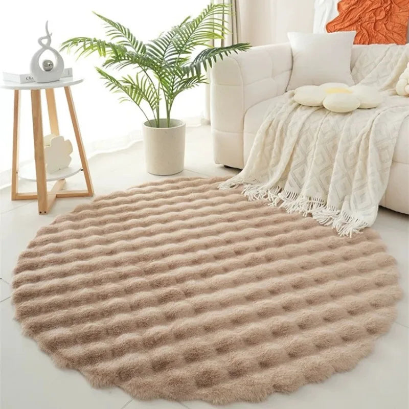Ins Solid Color Fluffy Round Area Rug Plush Sofa Couch Cushion Bubble Fleece Fabric Bedroom Bedside Floor Mat Home Decor Carpet