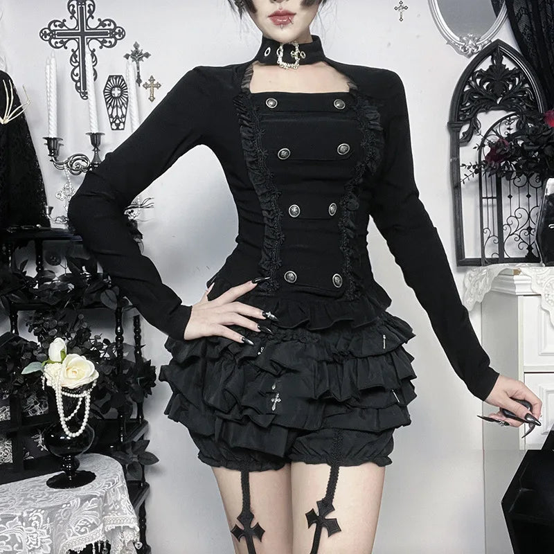 Retro Dark Subculture Lolita Mesh Trim Buckle Tees Gothic Punk