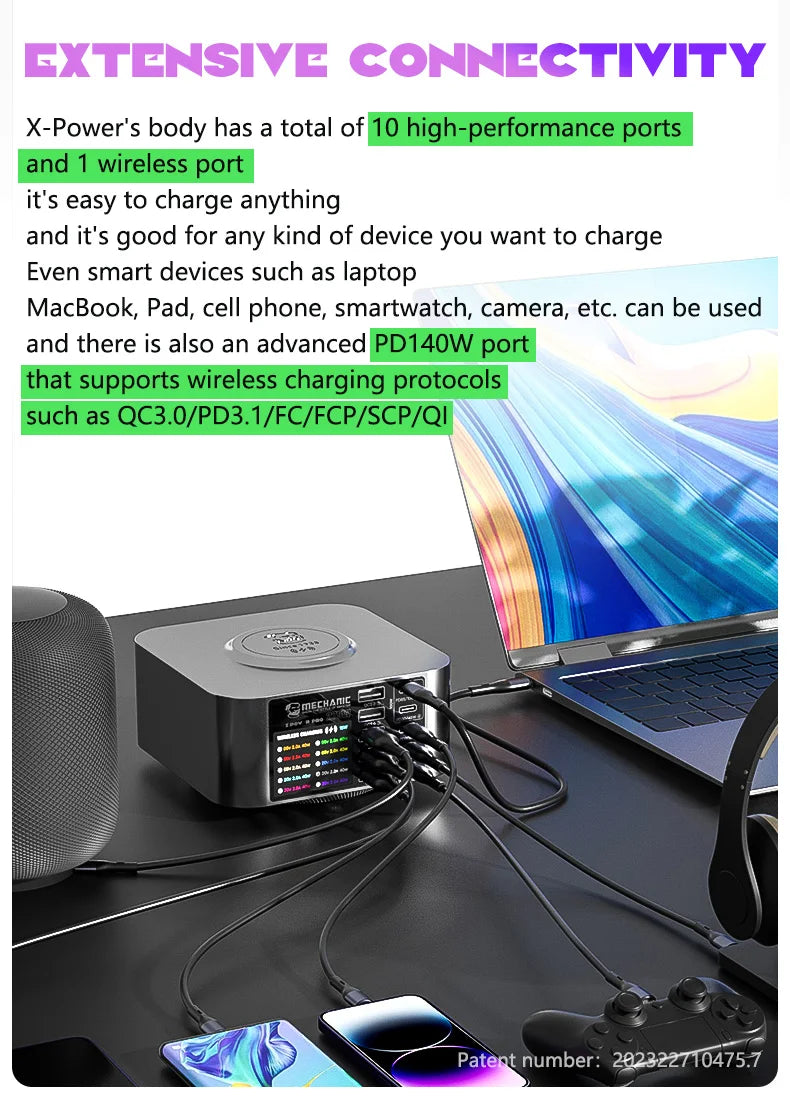 Mechanic X-POWER Max 10 Ports Desktop Charger QC3.0 PD3.1 Quick Charge For iPhone 15 14 13 Xiaomi Laptop Wireless Charger Tool