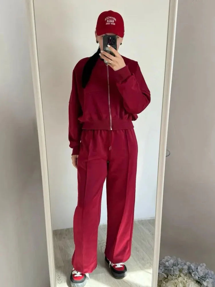 Gray Straight Pants Two Pieces Sets Women Outfit Long Sweatpants Street Wear Zipper Jacket Track Suits Sweatshirt Sets For Women