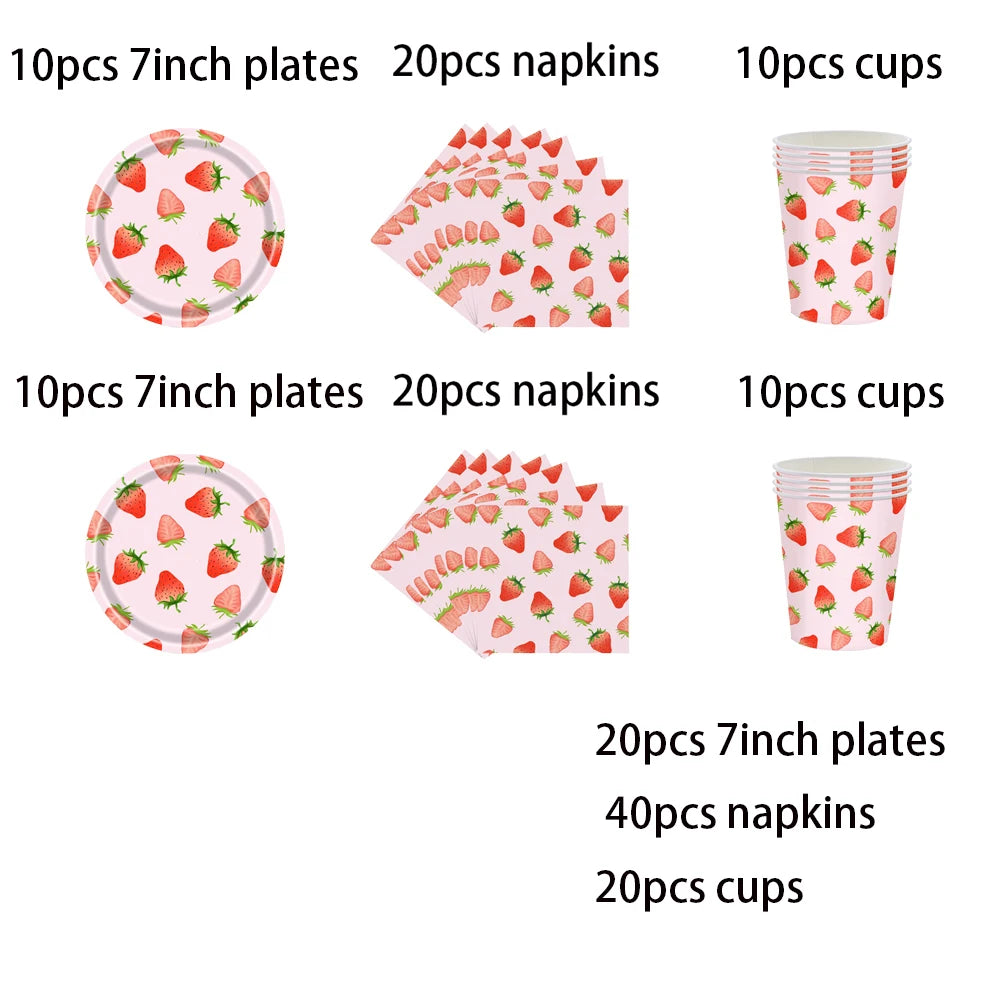 Strawberry Sets Birthday Decoration Party Disposable Paper Napkins Cups Plates Tablecloths Party Supplies