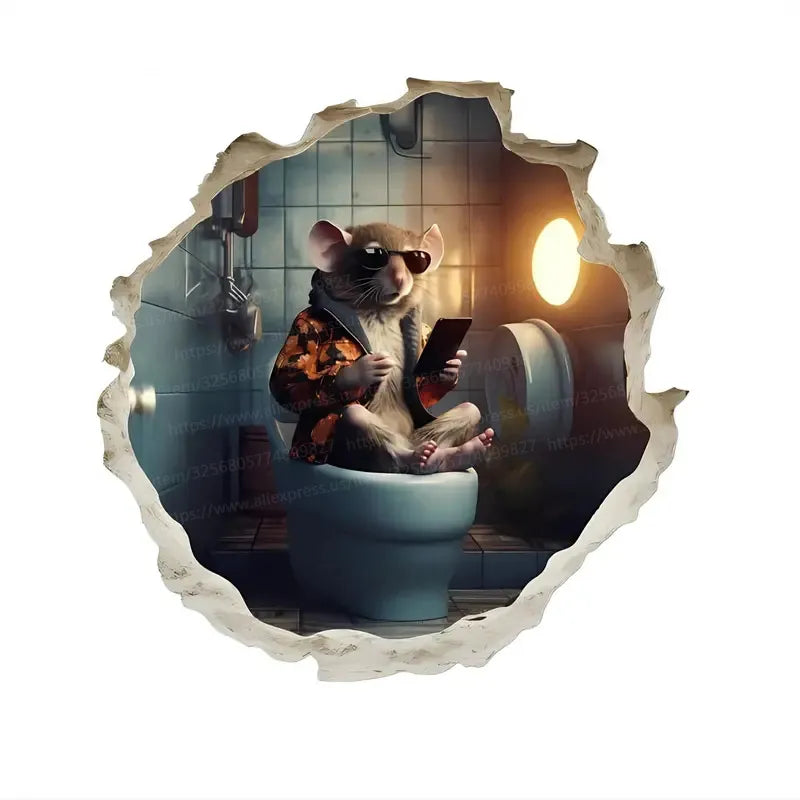 Happily Mouse On Toilet in Mouse Hole Laptop Kids Room Bedroom Wall Sticker Decal Cartoon Home Decor Vinyl Art M797