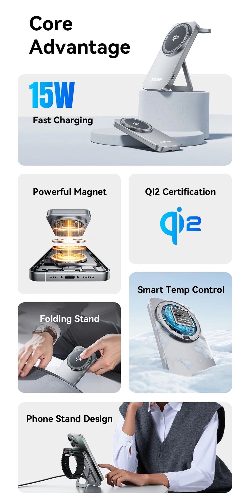 Essager Qi2 Magnetic Wireless Charger 15W 2 in 1 Foldable Fast Charging Station Holder for ihone 16 15 14 IWatch Ultra Airpods