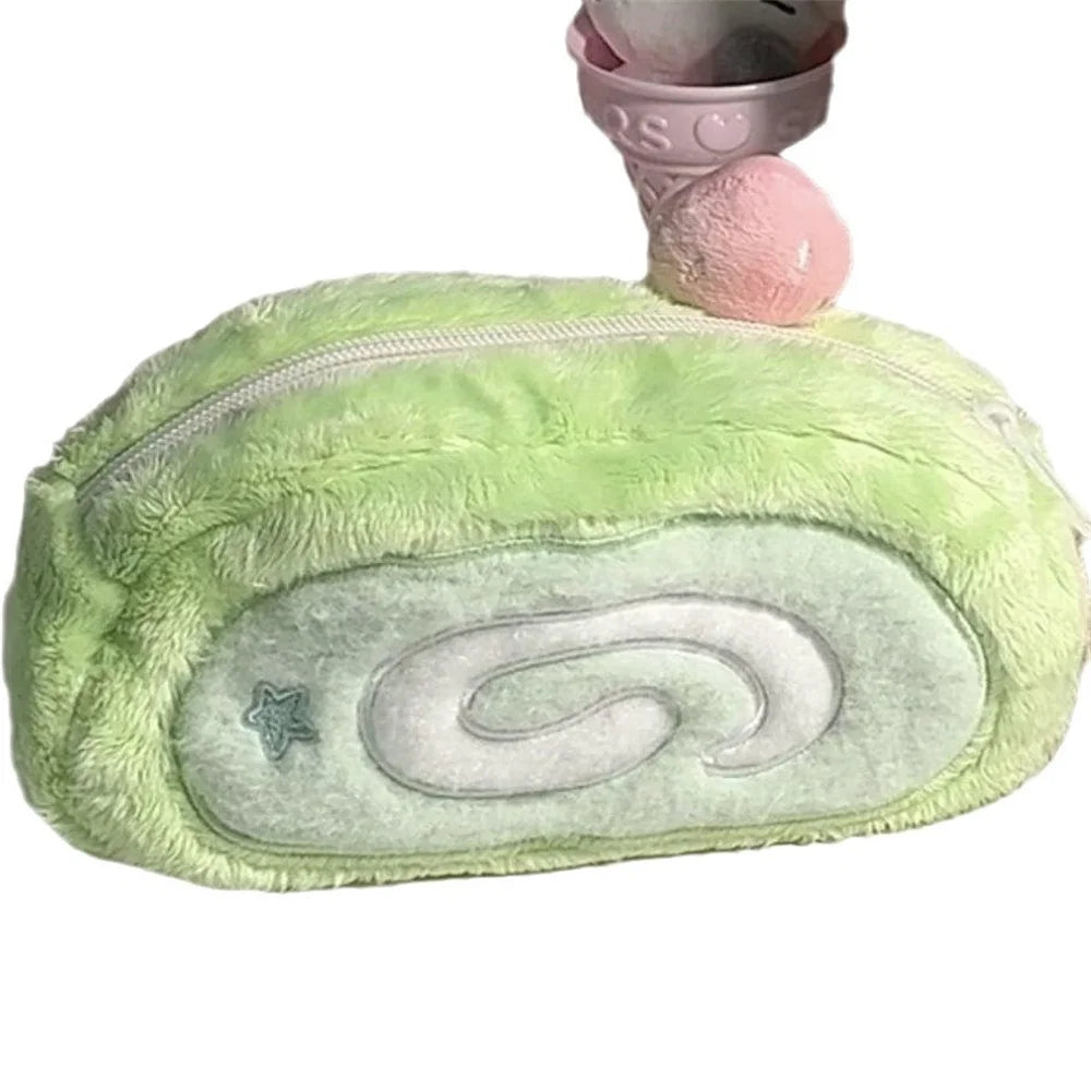 INS Melon Swiss Roll Green Plush Pencil Case Bag Creative Stationery Storage Bags Large Capacity Desk Organizer for Students