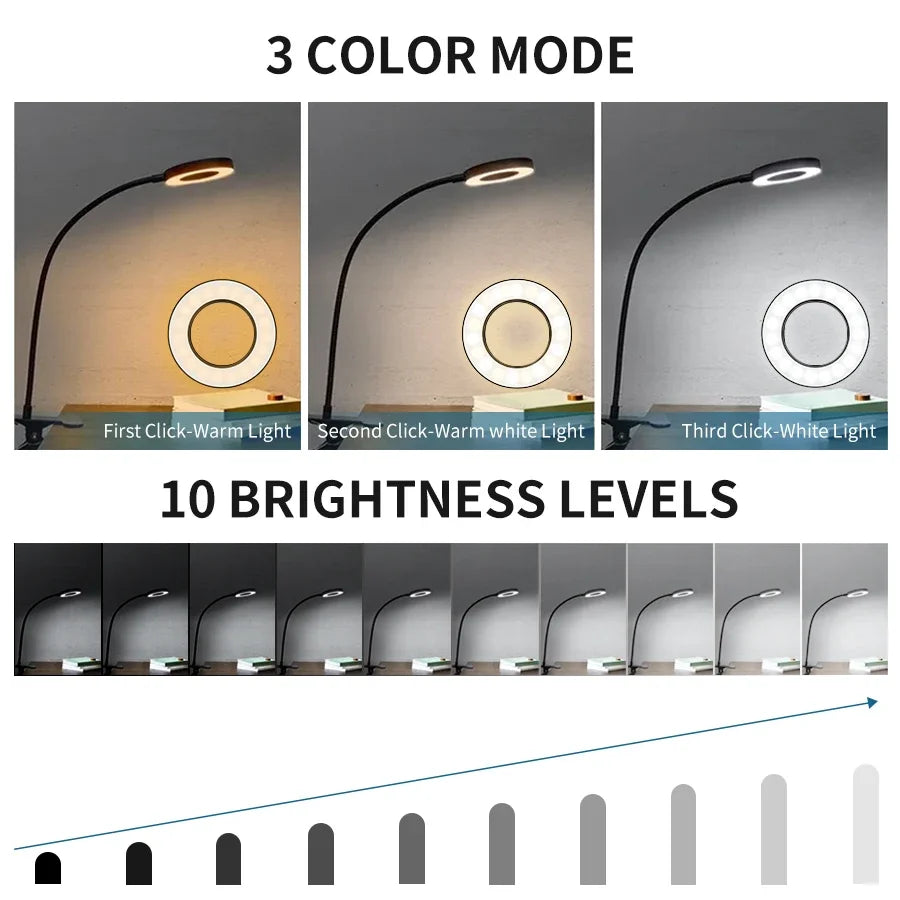 LED Desk Lamp Clip Light Rechargeable Dimmable Gooseneck Reading
