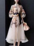 TWOTWINSTYLE Hit Color Elegant A Line Dresses For Women Lapel Lantern Sleeve High Waist Patchwork Lace Up Dress Female Fashion