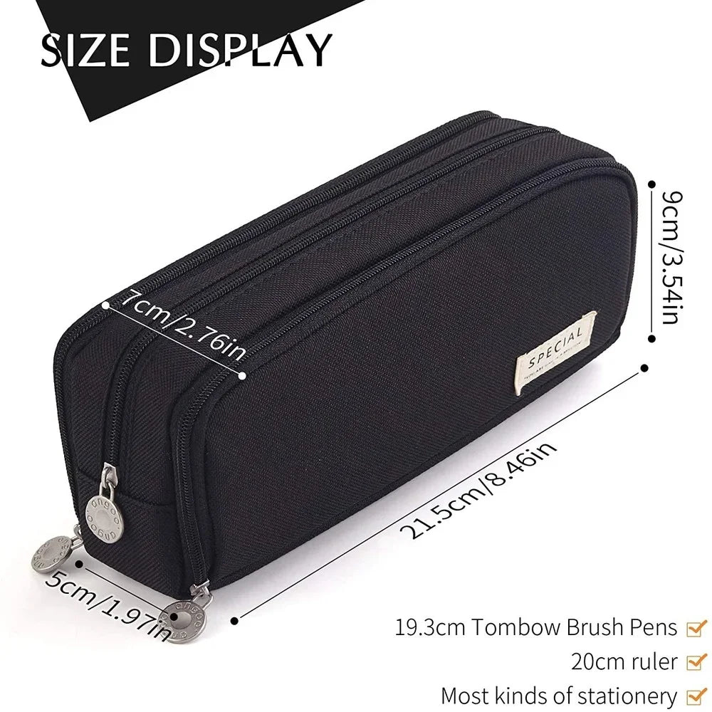 Large Storage Pencil Case-3-Compartment Bag, Double-Side Open, Student Stationery, Desk Organizer for School Use