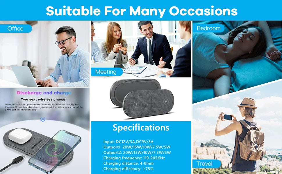 40W Fast Dual 2 in 1 Wireless Charger Pad for Airpods 3 Pro iPhone 8 X XS XR 11 12 13 14 15 Samsung S23 S22 Induction Charging