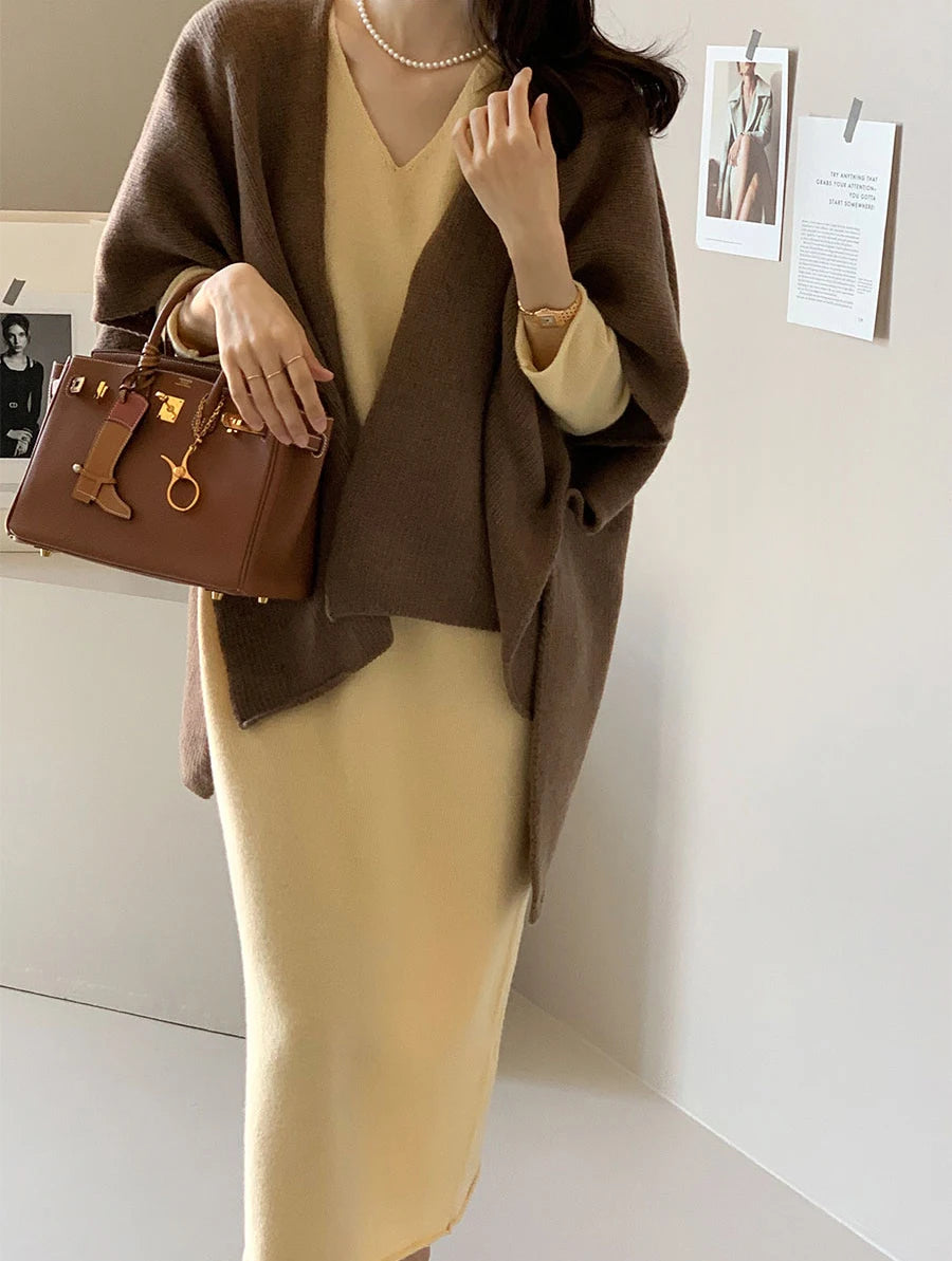 Korean Style Knitted Shawl Jacket Women's Casual Warm Knitted Cardigan Cloak Elegant Solid Color Women's Knitted Cardigan