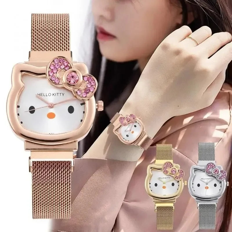 Sanrio Anime Hello Kitty Bow Set Diamond Watch Fashion Quartz Watch Cute Cartoon Magnet Small Dial Watch Girl Birthday Gift