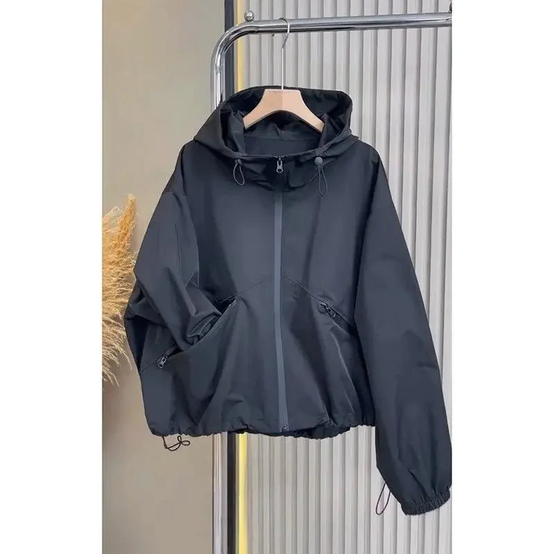 Korean black jacket jacket women's spring and summer new high-end fashion design temperament casual hooded jacket top.