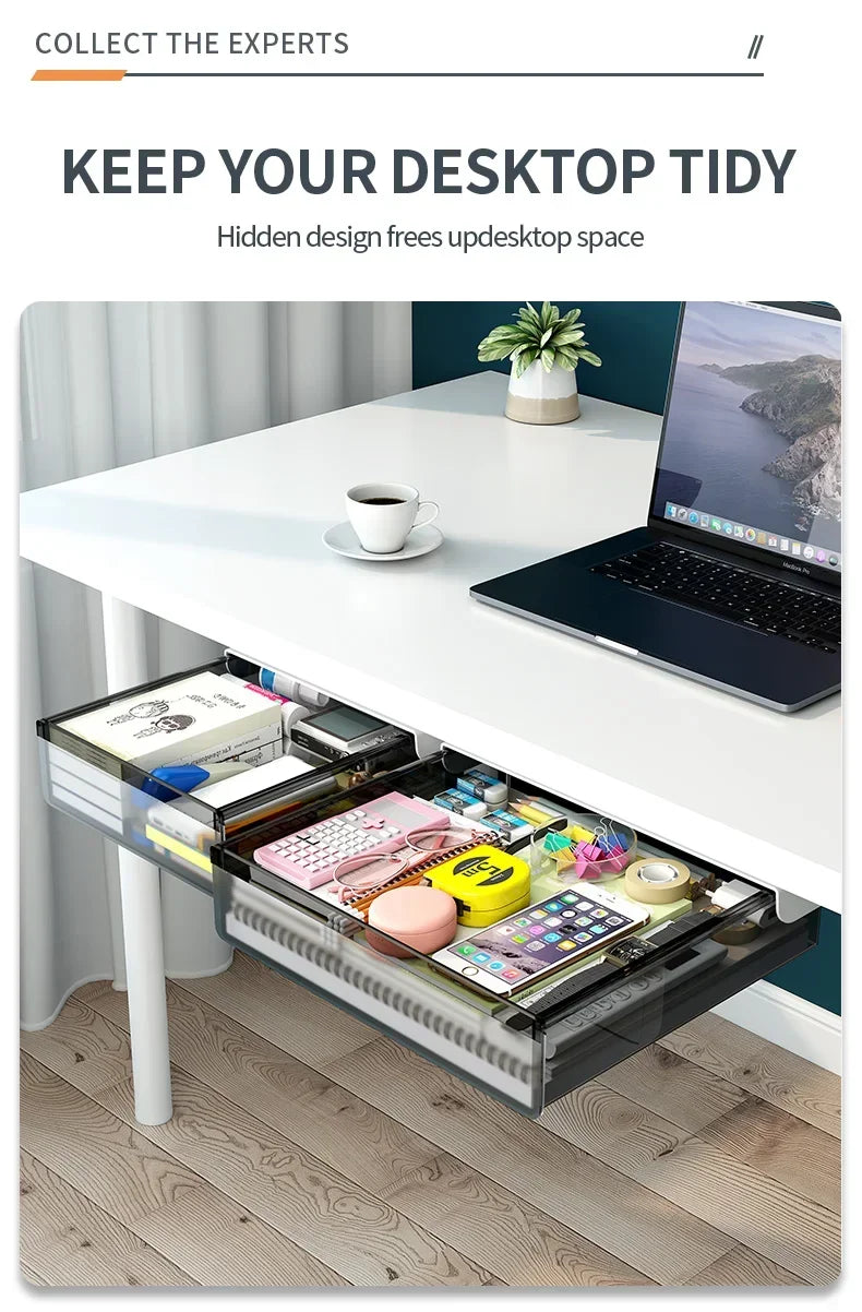 Transparent Under Desk Drawer Self Stick Hidden Storage Tray Quiet Pull Out Desk Organizer Accessory