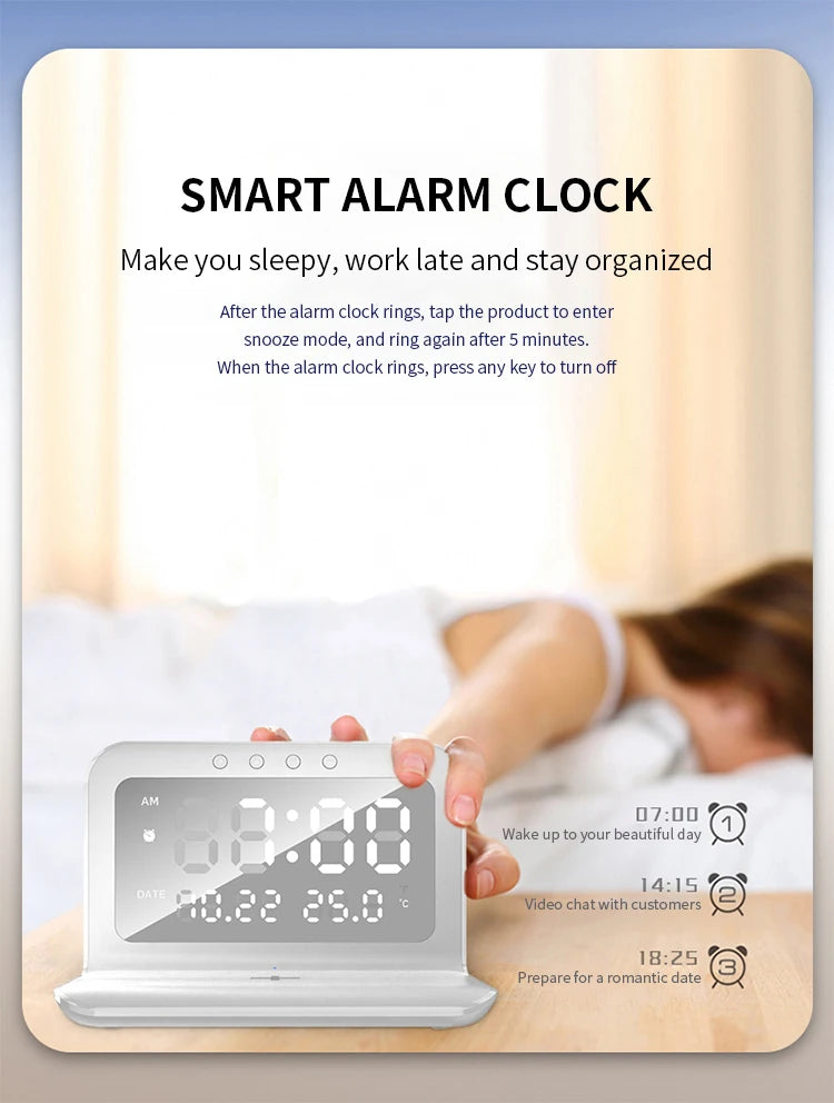 Wireless Charger Pad Stand with Alarm Clock Thermometer for iPhone 14 13 12 11 X Xiaomi Samsung 15W Phone Fast Charging Station
