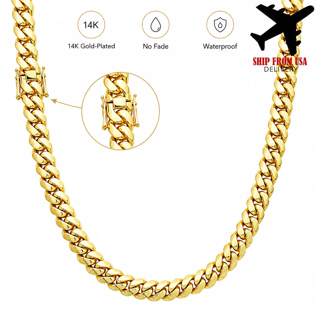 8mm 14K Gold Plated Miami Cuban Chain Necklace for Men, Stainless Steel Heavy Curb Link Jewelry, Classic Hip Hop Statement Chain for Rapper, Street Style, Club, Concert, Daily Outfit, Birthday, Father's Day and Holiday Gift A