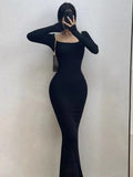 Ribbed Solid Long Sleeve Square Neck Skinny Bodycon Dress