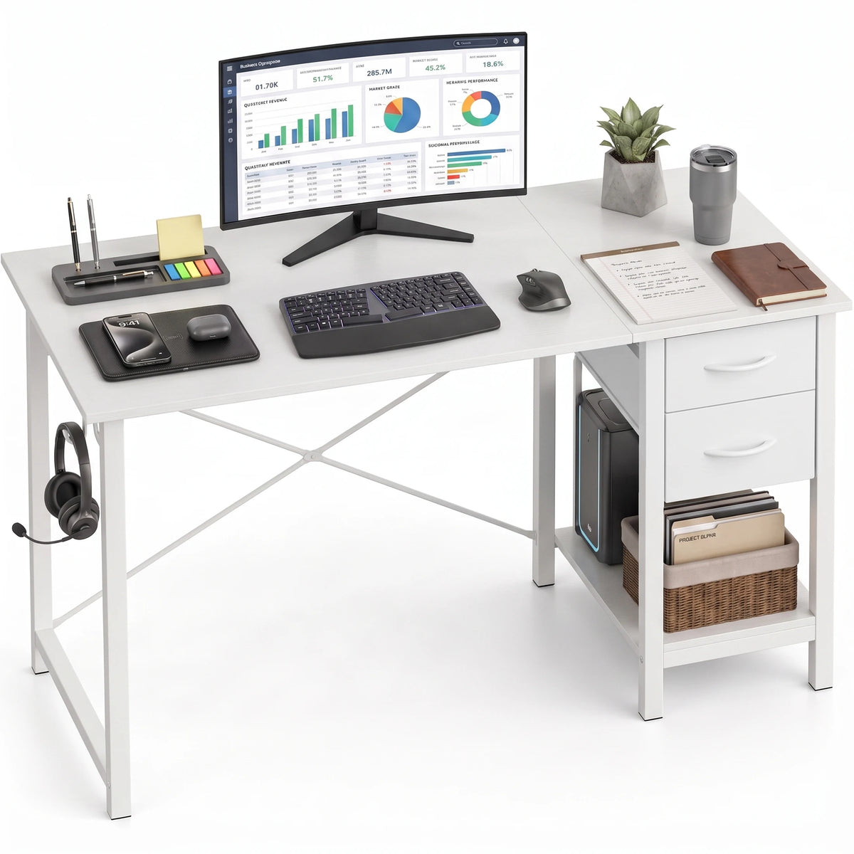 MCQ 47 Inch Standing Office Computer Desk with Drawers and Side