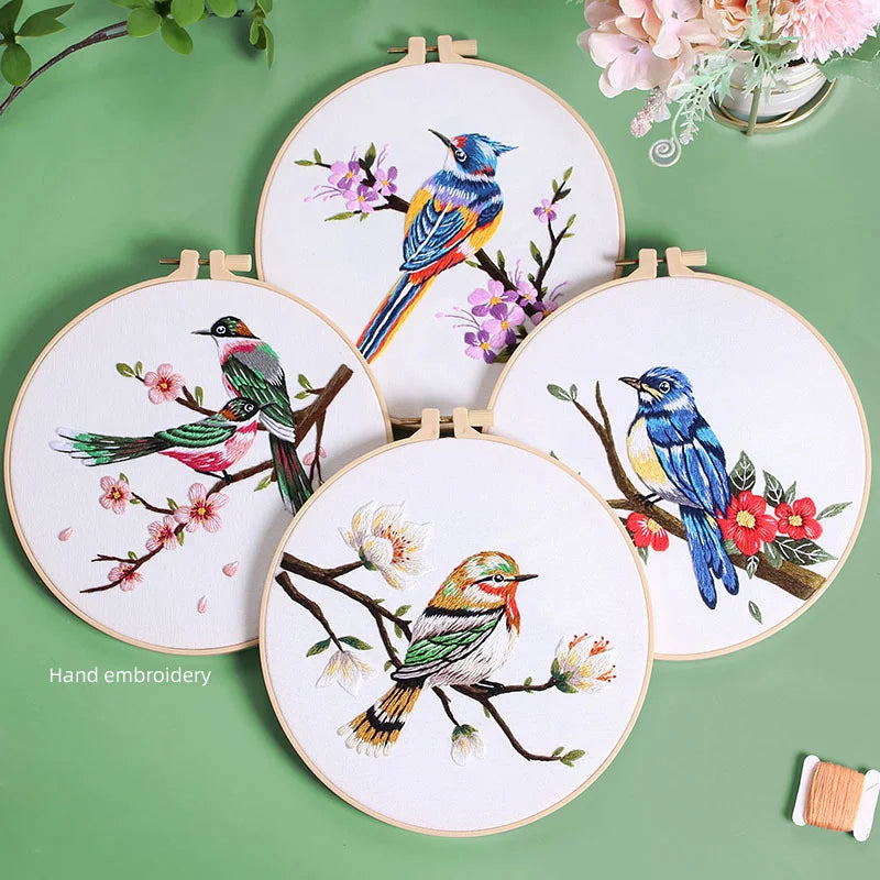 Bird Flower Chinese Wind Embroidery Kit with Instruction Needle Cloth with Pattern for DIY Craft Kit Home Decor